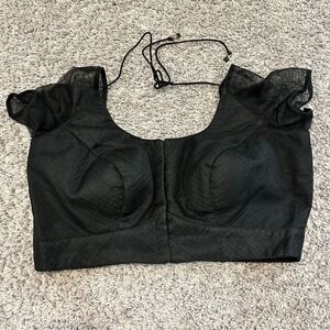 Black Textured Sheer Sleeve Blouse Size 38 Hook and Eye Closure‎ cropped